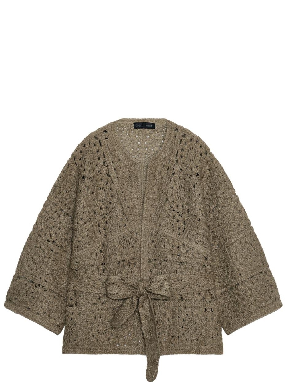 Zara Olive Taupe Crochet Tie-Waist Cardigan